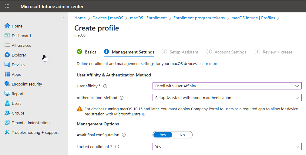 Management settings for macOS ADE profile